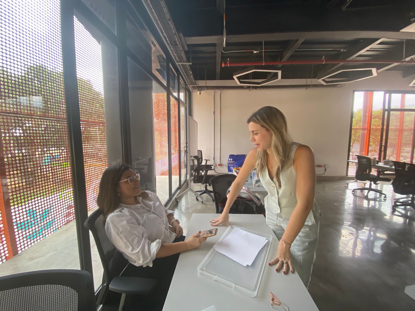 Dos personas conversando y alineando la ejecución en la oficina